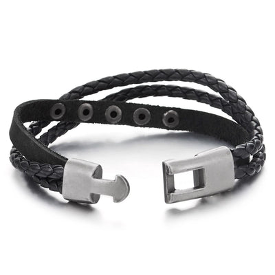 Mens Womens Three Strands Braided Black Leather Bangle Bracelet with Rivets Hook Buckle Clasp