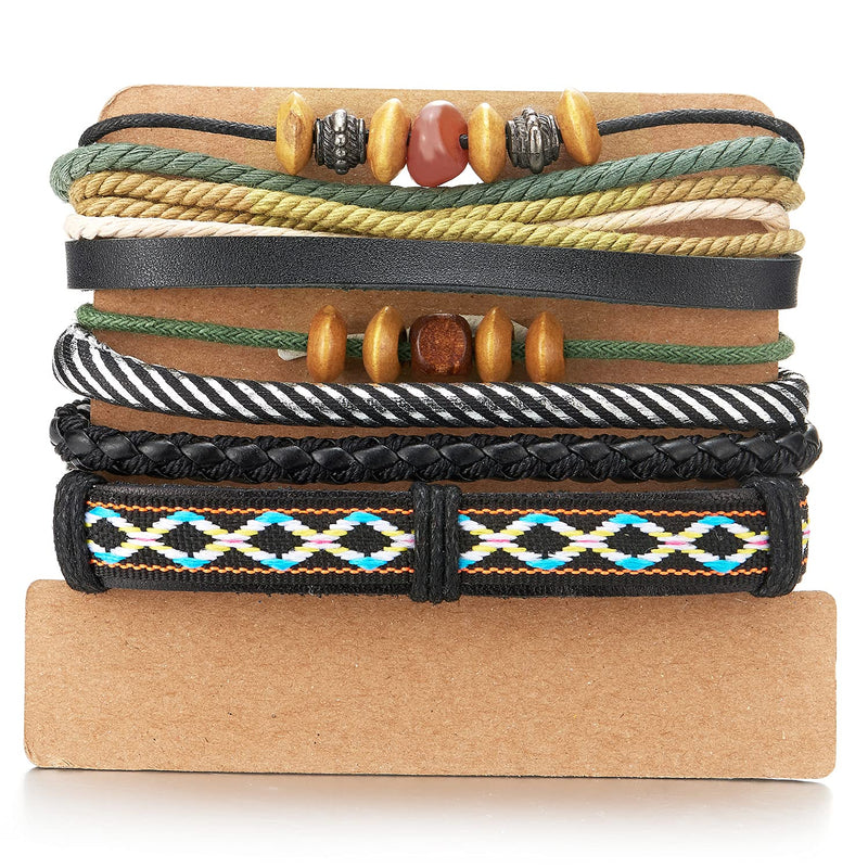 Mix 4 Wrap Bracelets Men Women, Brown Wood Beads Ethnic Bracelets, Black Leather Cotton Wristbands