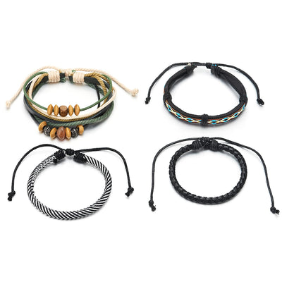 Mix 4 Wrap Bracelets Men Women, Brown Wood Beads Ethnic Bracelets, Black Leather Cotton Wristbands