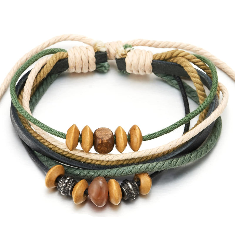 Mix 4 Wrap Bracelets Men Women, Brown Wood Beads Ethnic Bracelets, Black Leather Cotton Wristbands