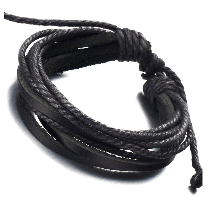 COOLSTEELANDBEYOND Multi-Strand Mens Black Braided Leather Rope Bracelet Genuine Leather Wristband Wrap Bracelet - coolsteelandbeyond