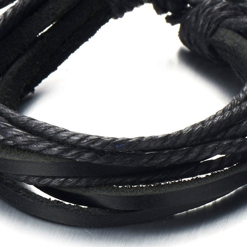 COOLSTEELANDBEYOND Multi-Strand Mens Black Braided Leather Rope Bracelet Genuine Leather Wristband Wrap Bracelet - coolsteelandbeyond