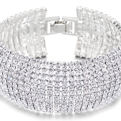 Sparkling Womens Crystal Rhinestones Cluster Wide Bangle Bracelet, Luxury