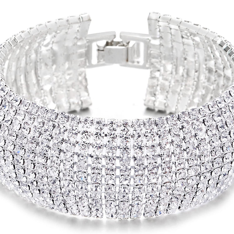 Sparkling Womens Crystal Rhinestones Cluster Wide Bangle Bracelet, Luxury