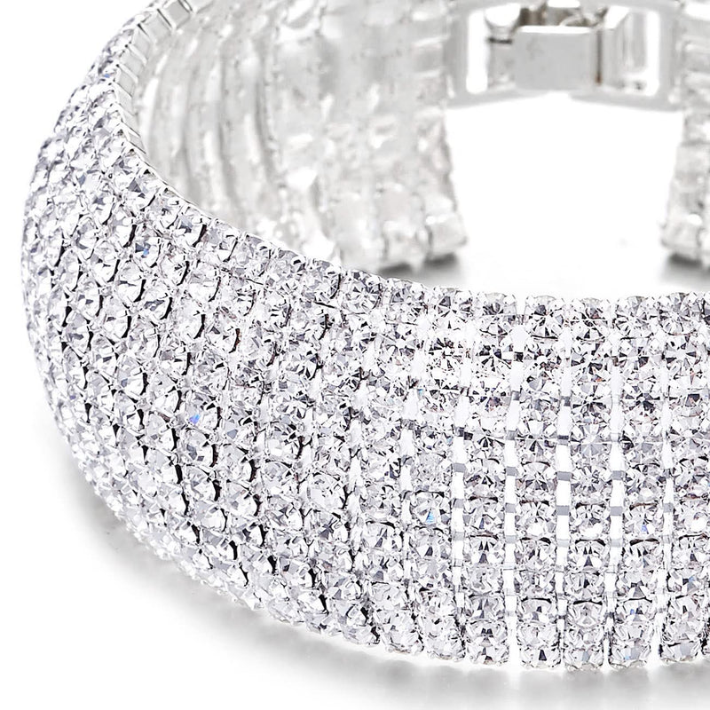 Sparkling Womens Crystal Rhinestones Cluster Wide Bangle Bracelet, Luxury