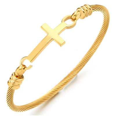 Stainless Steel Horizontal Sideway Lateral Cross Bangle Bracelet for Women, Gold Color