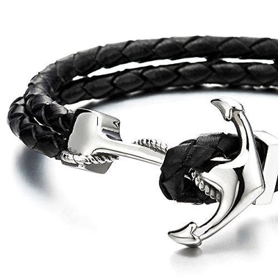 COOLSTEELANDBEYOND Stainless Steel Mens Women Marine Anchor Bangle Bracelet Genuine Black Braided Leather Wristband - coolsteelandbeyond