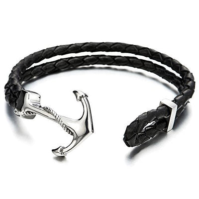 COOLSTEELANDBEYOND Stainless Steel Mens Women Marine Anchor Bangle Bracelet Genuine Black Braided Leather Wristband - coolsteelandbeyond