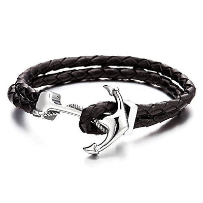 COOLSTEELANDBEYOND Stainless Steel Mens Women Marine Anchor Bangle Bracelet Genuine Black Braided Leather Wristband - coolsteelandbeyond