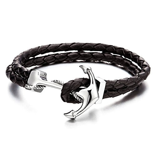 COOLSTEELANDBEYOND Stainless Steel Mens Women Marine Anchor Bangle Bracelet Genuine Black Braided Leather Wristband - coolsteelandbeyond