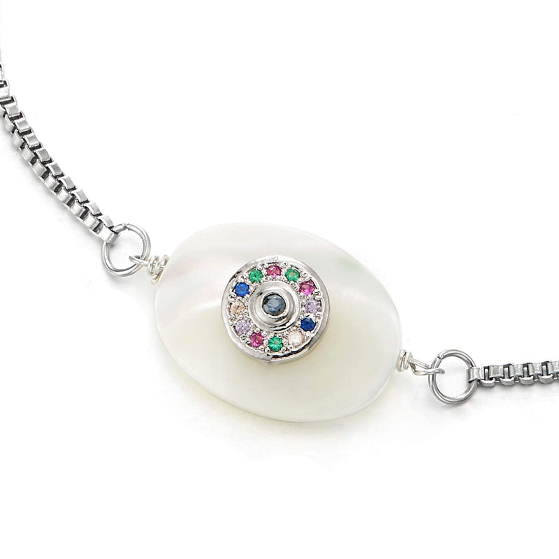 Steel Box Chain Link Bracelet Colorful Cubic Zirconia Circle Mother of Pearl Oval Charm Adjustable - COOLSTEELANDBEYOND Jewelry