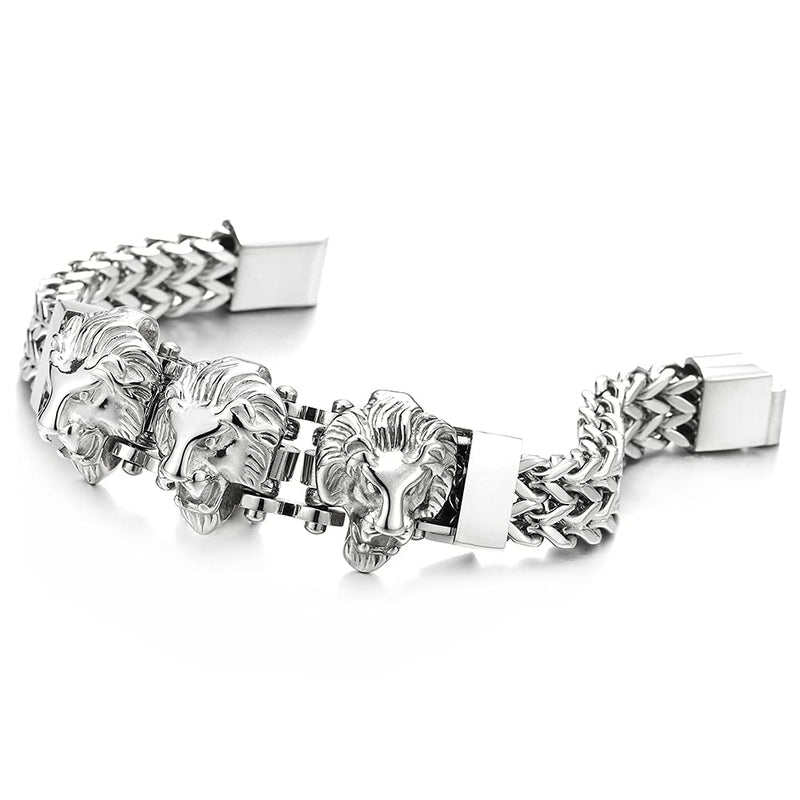 Steel Double Square Franco Link Bike Chain Three Lion Heads Bracelet, Magnetic Clasp