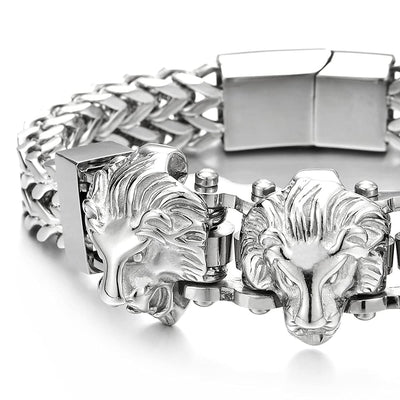 Steel Double Square Franco Link Bike Chain Three Lion Heads Bracelet, Magnetic Clasp