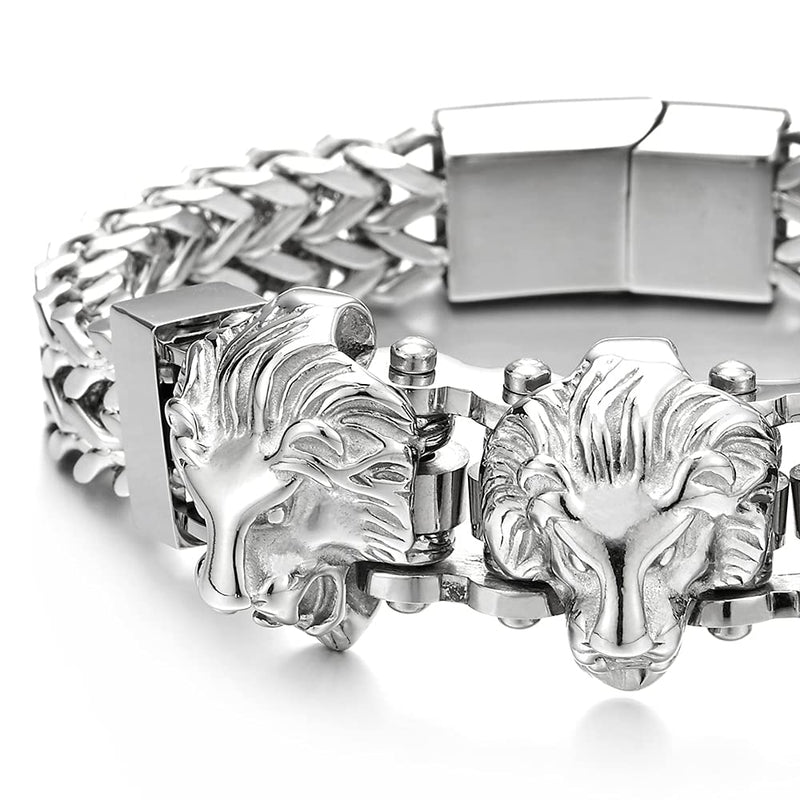 Steel Double Square Franco Link Bike Chain Three Lion Heads Bracelet, Magnetic Clasp
