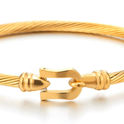 COOLSTEELANDBEYOND Stylish Stainless Steel Twisted Cable Bangle Bracelet with Hook Clasp for Women - coolsteelandbeyond
