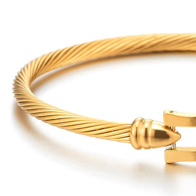 COOLSTEELANDBEYOND Stylish Stainless Steel Twisted Cable Bangle Bracelet with Hook Clasp for Women - coolsteelandbeyond