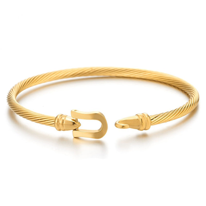 COOLSTEELANDBEYOND Stylish Stainless Steel Twisted Cable Bangle Bracelet with Hook Clasp for Women - coolsteelandbeyond