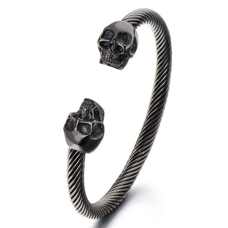 Unique Elastic Adjustable Mens Black Skull Cuff Bangle Stainless Steel Bracelet Polished - COOLSTEELANDBEYOND Jewelry