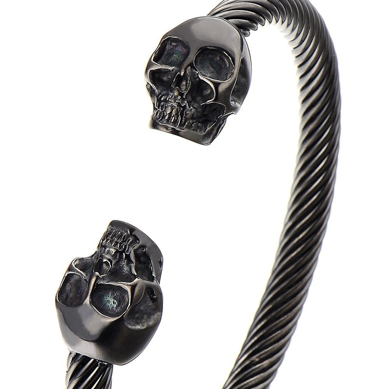 Unique Elastic Adjustable Mens Black Skull Cuff Bangle Stainless Steel Bracelet Polished - COOLSTEELANDBEYOND Jewelry