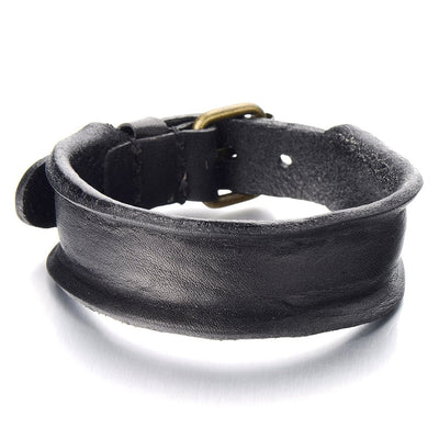 Unique Leather Bracelet for Mens Genuine Black Leather Bangle with Buckle Clasp - COOLSTEELANDBEYOND Jewelry