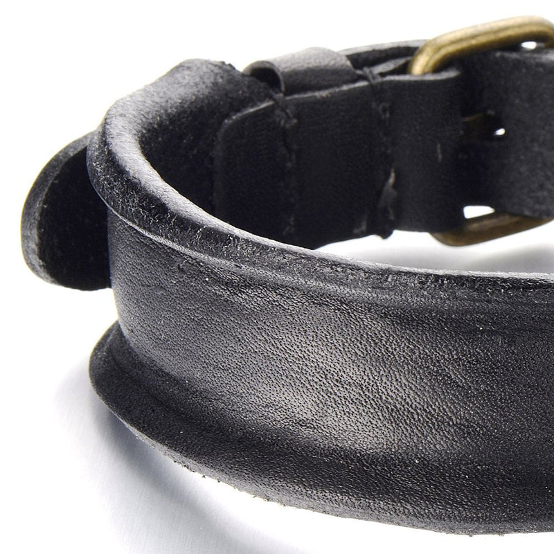 Unique Leather Bracelet for Mens Genuine Black Leather Bangle with Buckle Clasp - COOLSTEELANDBEYOND Jewelry