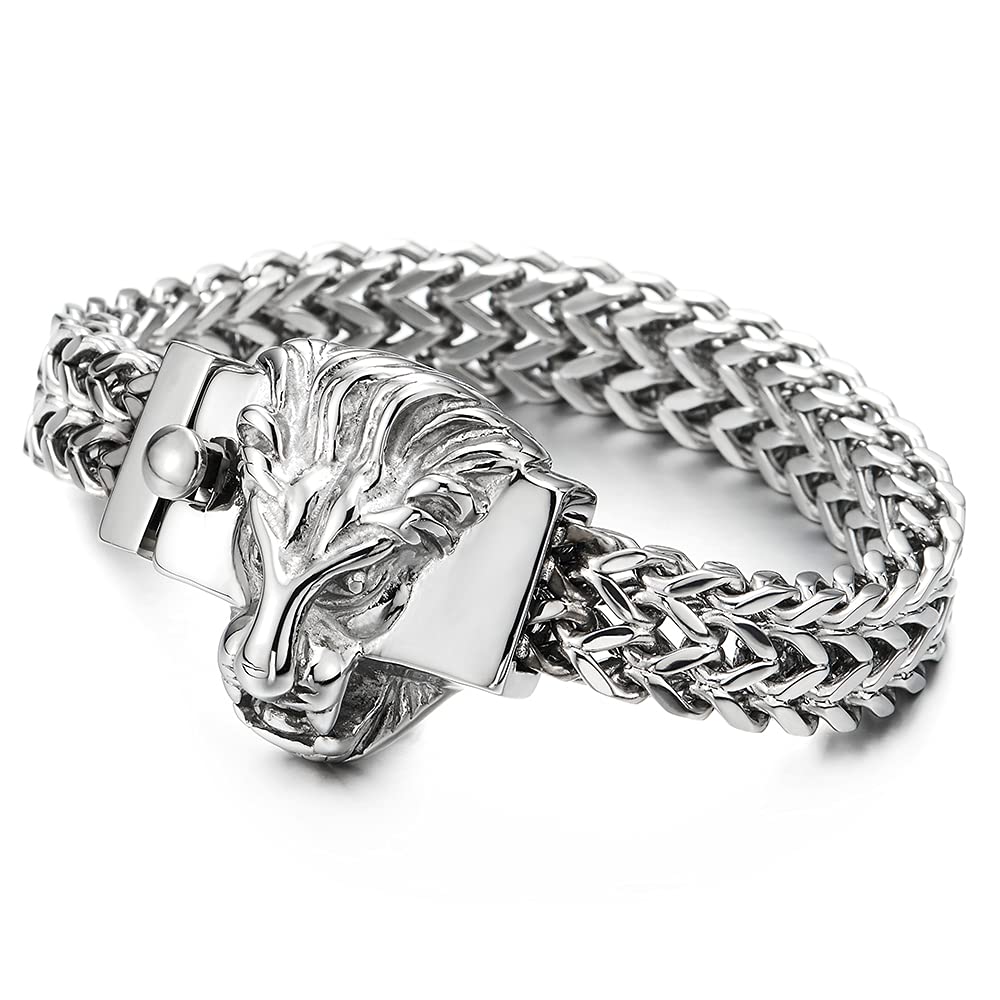 Unique Mens Steel Square Franco Chain Curb Chain Bracelet with Lion He ...
