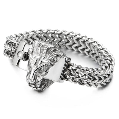 Unique Mens Steel Square Franco Chain Curb Chain Bracelet with Lion Head Spring Box Clasp, Polished - COOLSTEELANDBEYOND Jewelry