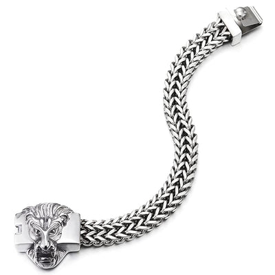 Unique Mens Steel Square Franco Chain Curb Chain Bracelet with Lion Head Spring Box Clasp, Polished - COOLSTEELANDBEYOND Jewelry
