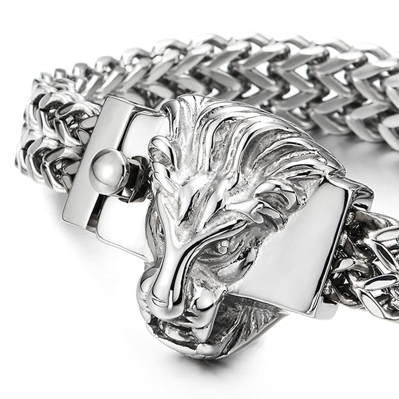 Unique Mens Steel Square Franco Chain Curb Chain Bracelet with Lion Head Spring Box Clasp, Polished - COOLSTEELANDBEYOND Jewelry