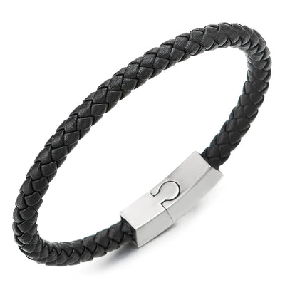 Unisex Mens Women Thin Black Braided Leather Bracelet Leather Bangle Wristband, Steel Magnetic Clasp - COOLSTEELANDBEYOND Jewelry