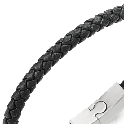 Unisex Mens Women Thin Black Braided Leather Bracelet Leather Bangle Wristband, Steel Magnetic Clasp - COOLSTEELANDBEYOND Jewelry