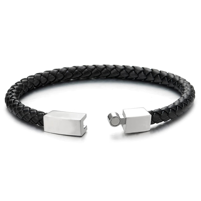 Unisex Mens Women Thin Black Braided Leather Bracelet Leather Bangle Wristband, Steel Magnetic Clasp - COOLSTEELANDBEYOND Jewelry