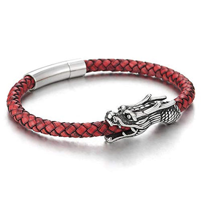 COOLSTEELANDBEYOND Vintage Stainless Steel Dragon Head Braided Red Leather Bangle Bracelet Wristband, Mens - coolsteelandbeyond