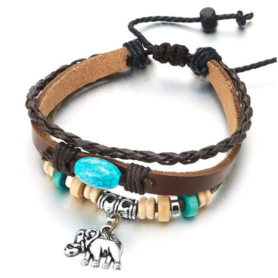 Women Three-Strand Elephant Turquoise Beads Charms Bracelet Tribal Brown Leather Wristband Bracelet - COOLSTEELANDBEYOND Jewelry