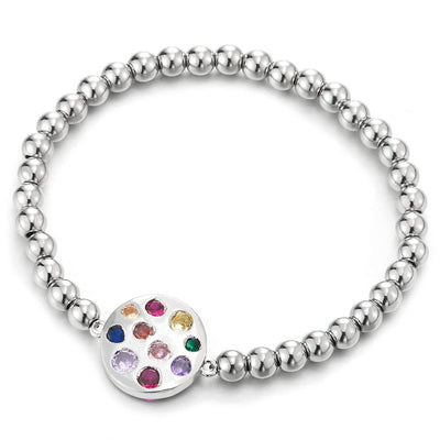 Womens Beads Link Chain Bracelet with Colorful Cubic Zirconia Pave Circle Disc, Unique - COOLSTEELANDBEYOND Jewelry