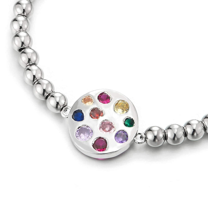 Womens Beads Link Chain Bracelet with Colorful Cubic Zirconia Pave Circle Disc, Unique - COOLSTEELANDBEYOND Jewelry