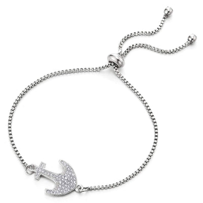 Womens Mens Stainless Steel Link Chain Bracelet with Cubic Zirconia Marine Anchor Charm, Adjustable - COOLSTEELANDBEYOND Jewelry