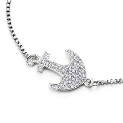 Womens Mens Stainless Steel Link Chain Bracelet with Cubic Zirconia Marine Anchor Charm, Adjustable - COOLSTEELANDBEYOND Jewelry