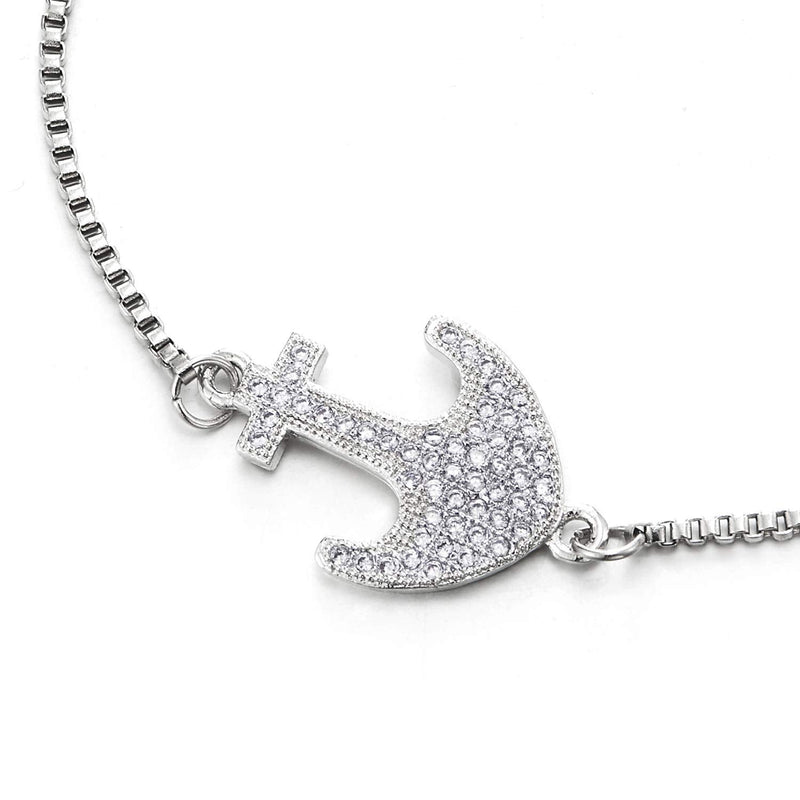 Womens Mens Stainless Steel Link Chain Bracelet with Cubic Zirconia Marine Anchor Charm, Adjustable - COOLSTEELANDBEYOND Jewelry