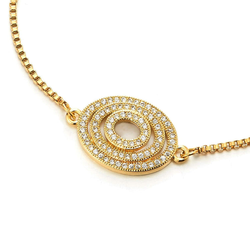 Womens Stainless Steel Adjustable Chain Link Bracelet with Cubic Zirconia Swirl Open Oval Charm - COOLSTEELANDBEYOND Jewelry
