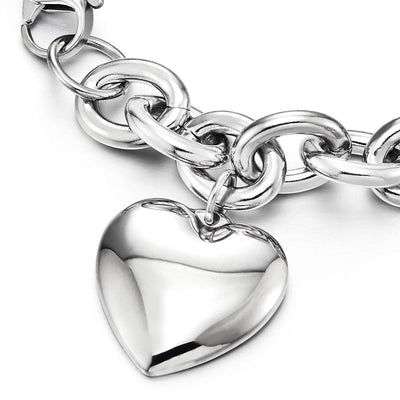 Womens Stainless Steel Rolo Chain Bracelet with Dangling Puff Heart, High Polished