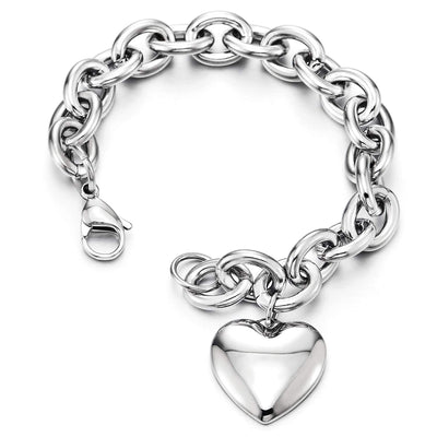 Womens Stainless Steel Rolo Chain Bracelet with Dangling Puff Heart, High Polished