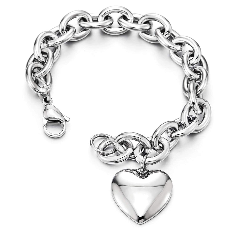 Womens Stainless Steel Rolo Chain Bracelet with Dangling Puff Heart, High Polished