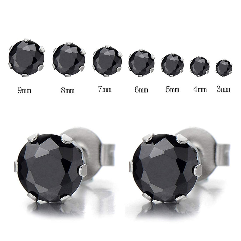 1 Pair 5MM Mens Ladies Black Cubic Zirconia Stud Earrings Stainless Steel - COOLSTEELANDBEYOND Jewelry