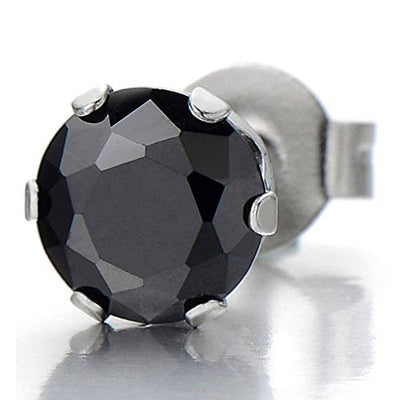 1 Pair 5MM Mens Ladies Black Cubic Zirconia Stud Earrings Stainless Steel - COOLSTEELANDBEYOND Jewelry