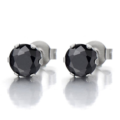 1 Pair 8MM Mens Ladies Black Cubic Zirconia Stud Earrings Stainless Steel - COOLSTEELANDBEYOND Jewelry