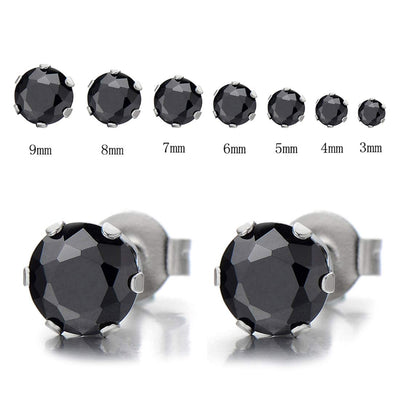 1 Pair 8MM Mens Ladies Black Cubic Zirconia Stud Earrings Stainless Steel - COOLSTEELANDBEYOND Jewelry