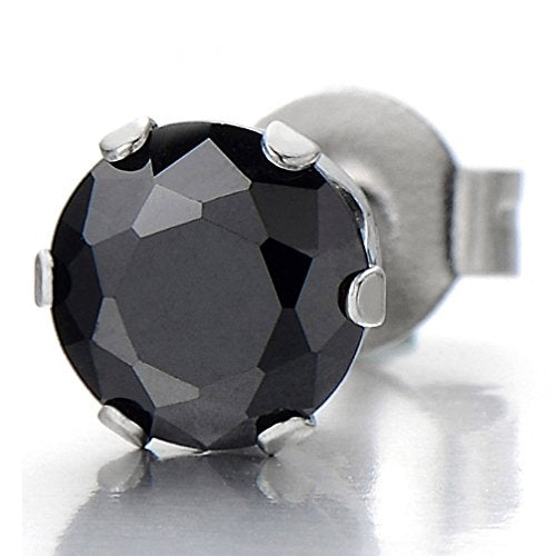 1 Pair 8MM Mens Ladies Black Cubic Zirconia Stud Earrings Stainless Steel - COOLSTEELANDBEYOND Jewelry