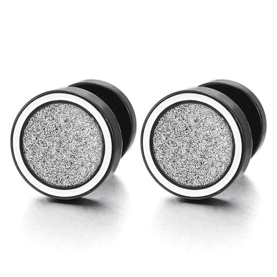 10-12MM Men Womens Black White Circle Stud Earrings Steel Cheater Fake Ear Plug with Sand Glitter, 2pcs - coolsteelandbeyond