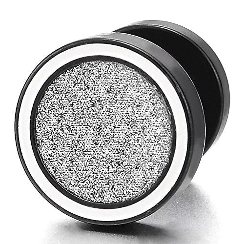 10-12MM Men Womens Black White Circle Stud Earrings Steel Cheater Fake Ear Plug with Sand Glitter, 2pcs - coolsteelandbeyond